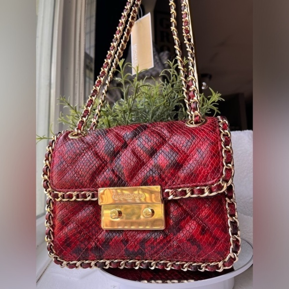 Michael Kors Carine Medium Quilted Red Snake Print Leather Shoulder Bag NWT